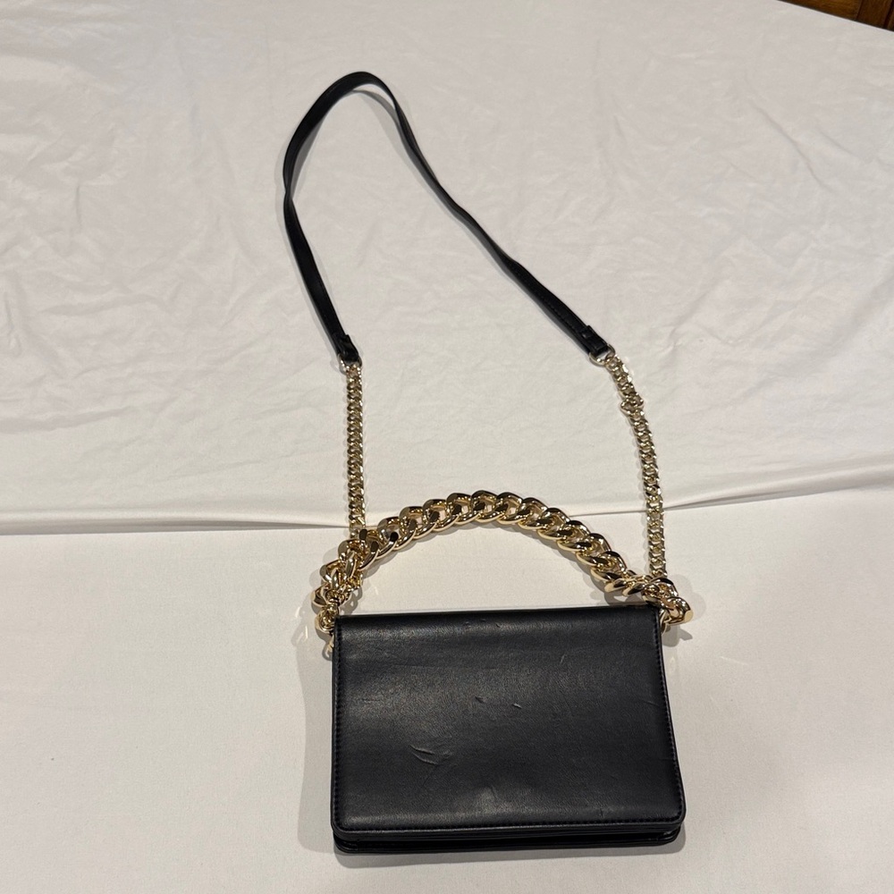 Express Black Leather Crossbody Bag with Gold Chain